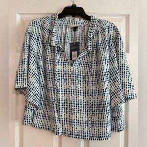 NWT Universal Thread Blue White Stripe Geometric Wide Sleeve Linen Blend Top MED